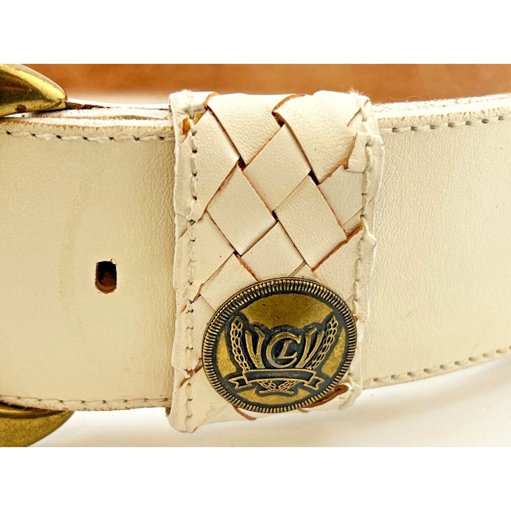 Vtg 1988 LIZ CLAIBORNE Women's S Wide Belt White Leather Brass Buckle Braided - Picture 3 of 9
